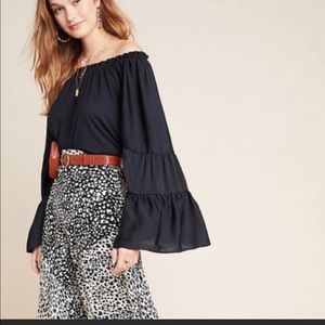 NWT Anthropologie Gloria Off Shoulder Ruffle Tiered Sleeve Black Top